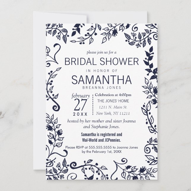 Elegant Navy Blue and White Floral Bridal Shower Invitation (Front)