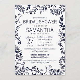 Elegant Navy Blue and White Floral Bridal Shower Invitation