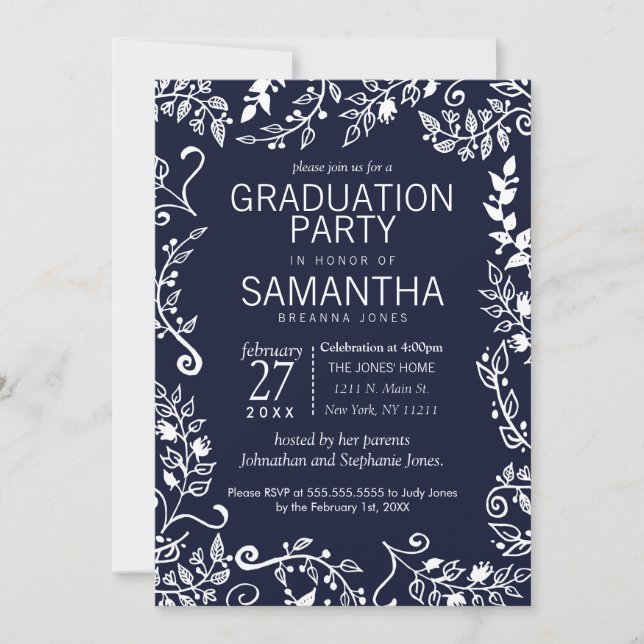 Elegant Navy Blue and White Floral Graduation Invitation (Front)