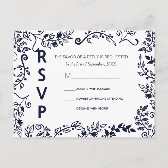 Elegant Navy Blue and White Floral RSVP Postcards (Front)