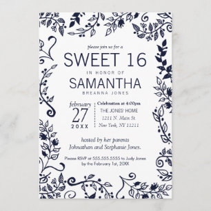 Elegant Navy Blue and White Floral Sweet 16 Invitation