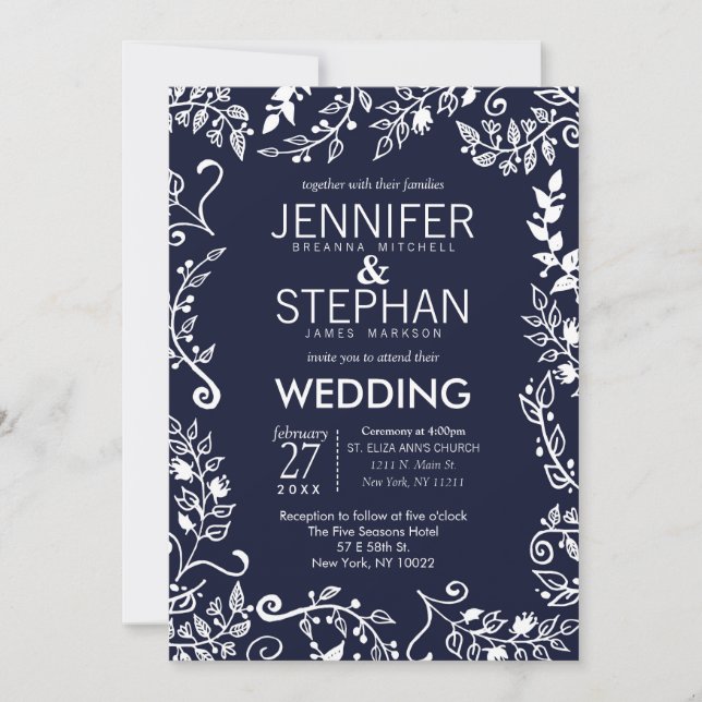 Elegant Navy Blue and White Floral Wedding Invites (Front)