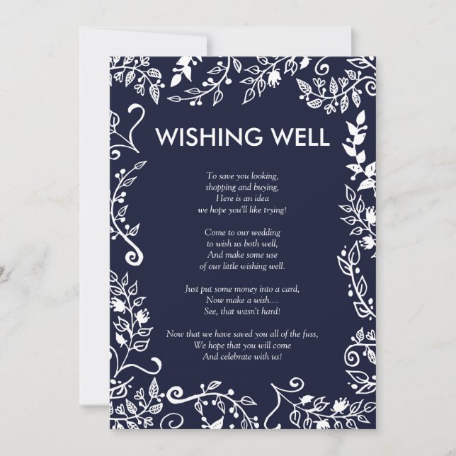 Elegant Navy Blue and White Floral Wishing Well Invitation (Front)