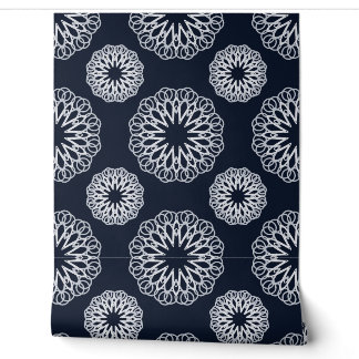 Elegant Navy Blue and White Mandala Pattern Wallpaper