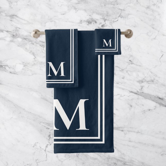 Elegant Navy Blue and White Monogram Bath Towel Set (Creator Uploaded)