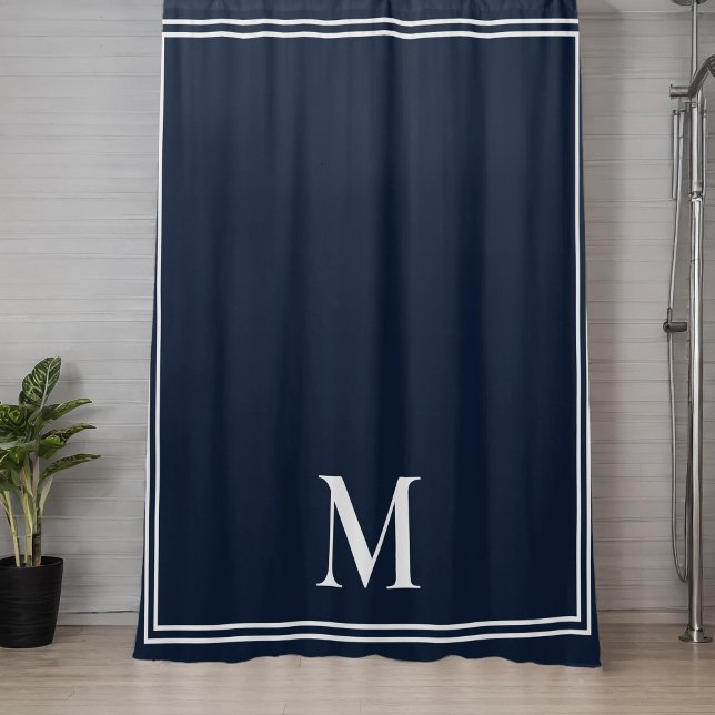 Elegant Navy Blue and White Monogram Shower Curtain (Creator Uploaded)