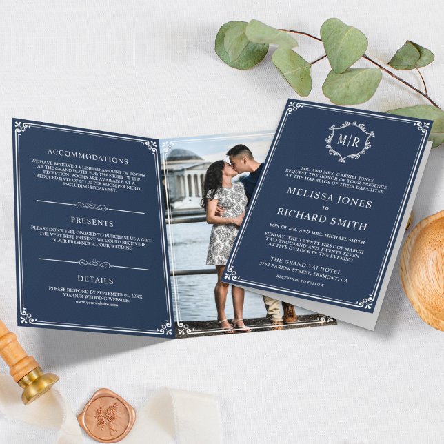 Elegant Navy Blue and White Monogram Wedding Invitation (Creator Uploaded)
