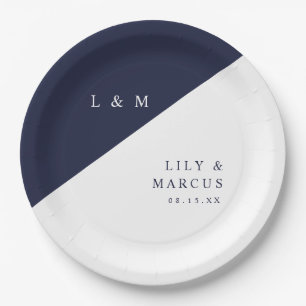 Elegant Navy Blue And White Monogram Wedding Paper Plate