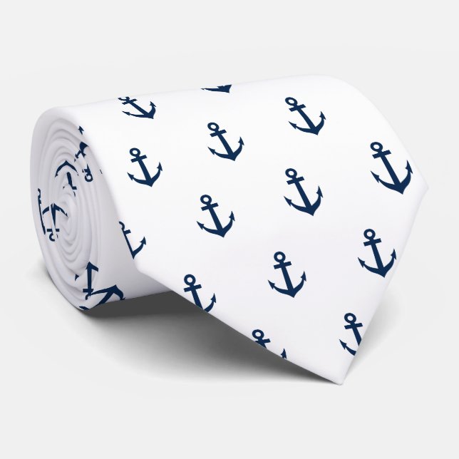 Elegant navy blue and white nautical anchor print tie (Rolled)