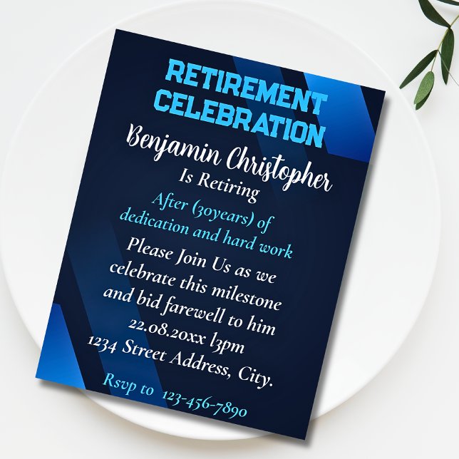 Elegant Navy Blue and White Retirement Celebration Invitation (Creator Uploaded)