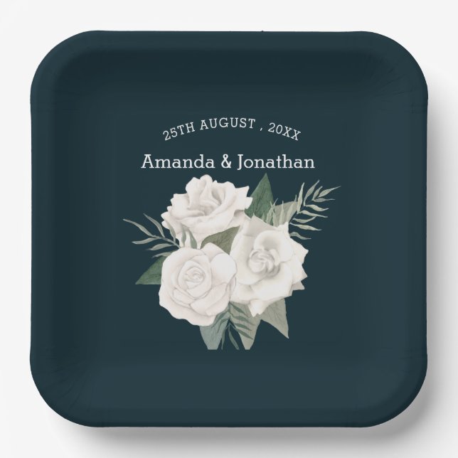 Elegant Navy Blue and White Roses Wedding  Paper Plate (Front)
