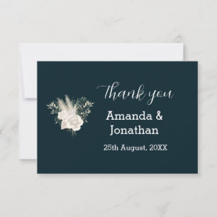 Elegant Navy Blue and White Roses Wedding Thank You Card