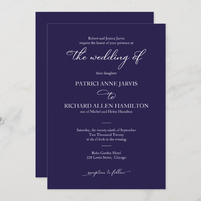 Elegant Navy Blue And White Script Classic Wedding Invitation (Front/Back)
