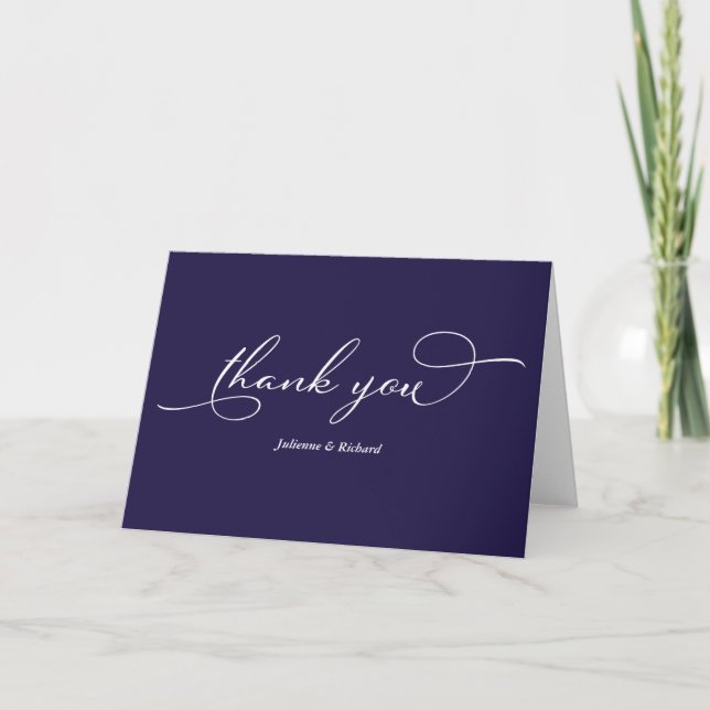 Elegant Navy Blue And White Script Thank You Card (Front)