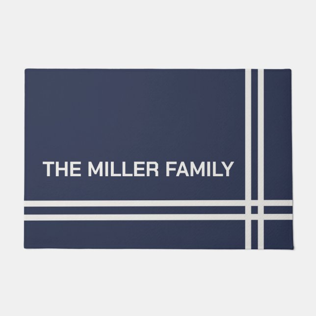 Elegant navy blue and white stripes design  doormat (Front)