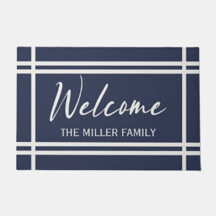 Elegant navy blue and white stripes design doormat