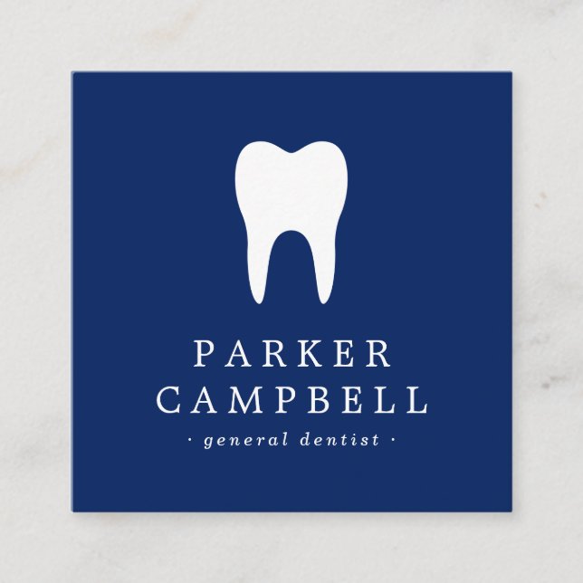 Elegant navy blue and white tooth dentist dental square business card (Front)