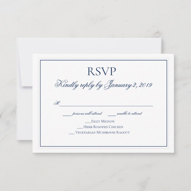 Elegant Navy Blue and White Wedding RSVP Card (Front)