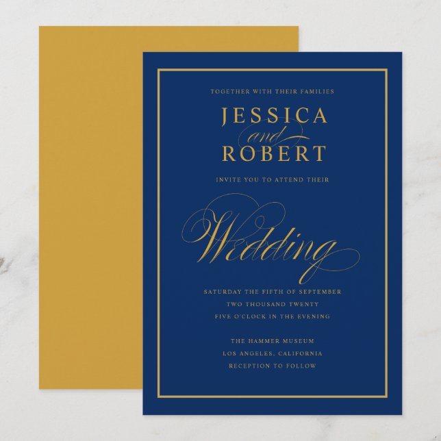 Elegant Navy Blue and Yellow Gold Wedding Invitation (Front/Back)