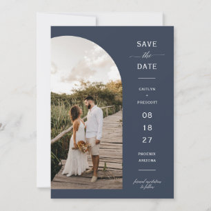 Elegant Navy Blue Arch Photo QR Code Save the Date Invitation