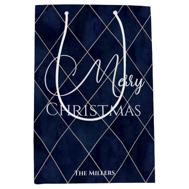 Elegant Navy Blue Argyle Pattern Merry Christmas Medium Gift Bag (Front)
