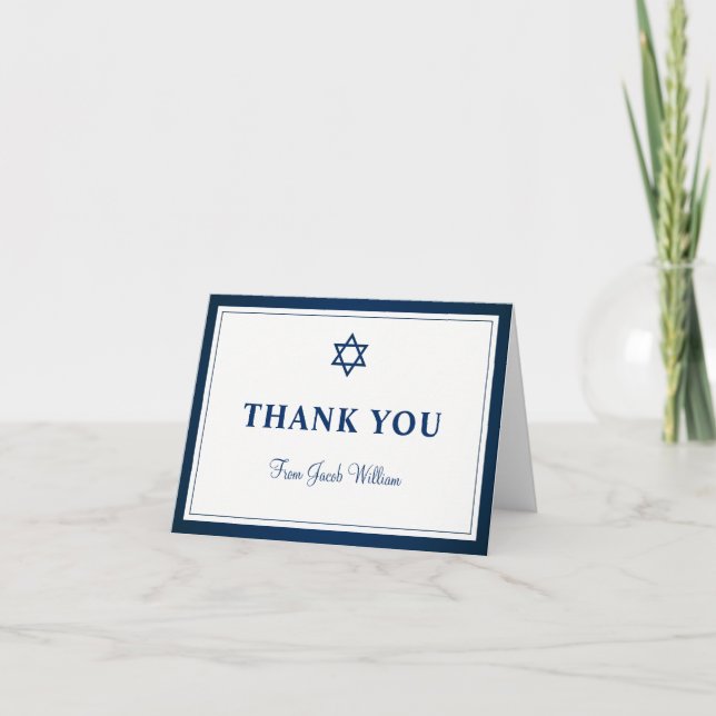 Elegant Navy Blue Bar Mitzvah Thank You Note (Front)