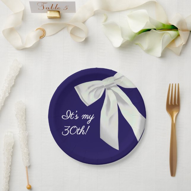 Elegant Navy Blue Birthday Paper Plate- White bow  Plate (Wedding)