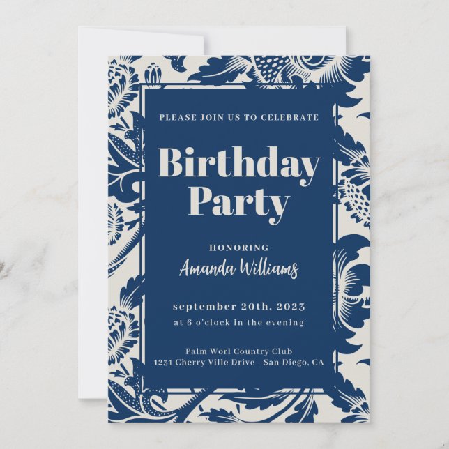 Elegant Navy Blue Birthday Party Invitation (Front)
