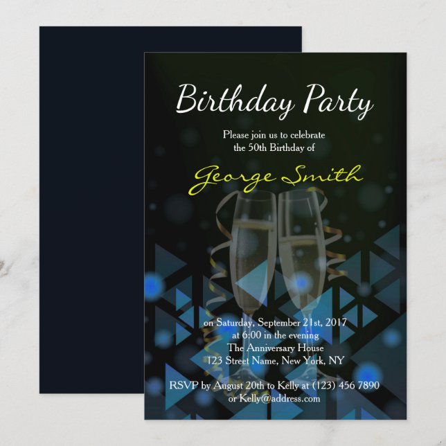 Elegant Navy Blue Birthday Party Invite (Front/Back)