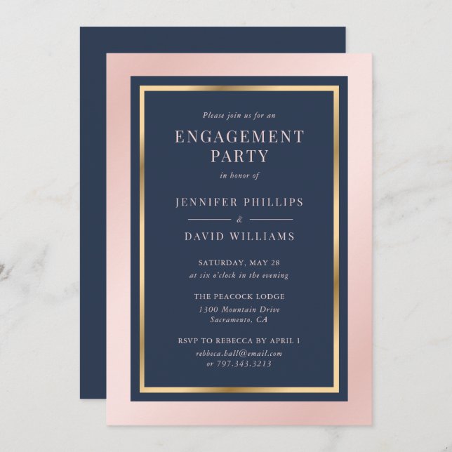 Elegant Navy Blue Blush and Gold Engagement Party Invitation (Front/Back)