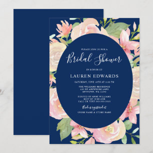 Elegant Navy Blue Blush Floral Frame Bridal Shower Invitation