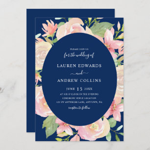 Elegant Navy Blue Blush Floral Frame Wedding Invitation