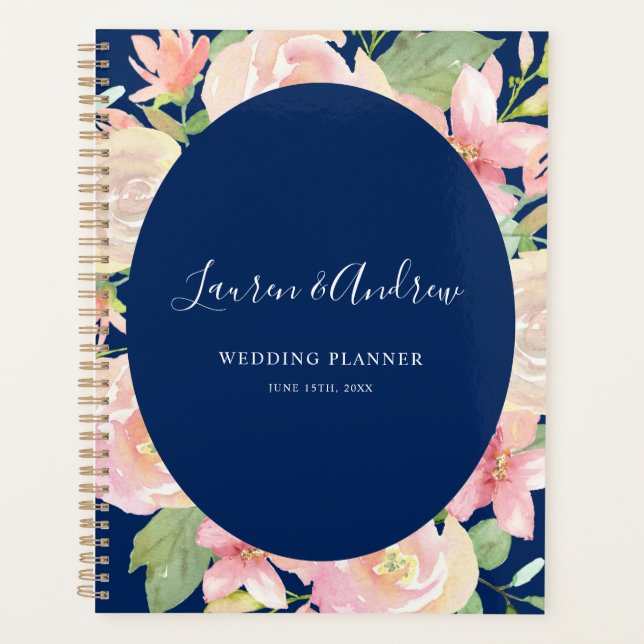 Elegant Navy Blue Blush Floral Frame Wedding Planner (Front)