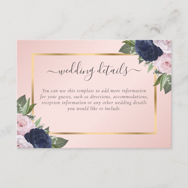 Elegant Navy Blue Blush Floral Wedding Details Enclosure Card (Front)