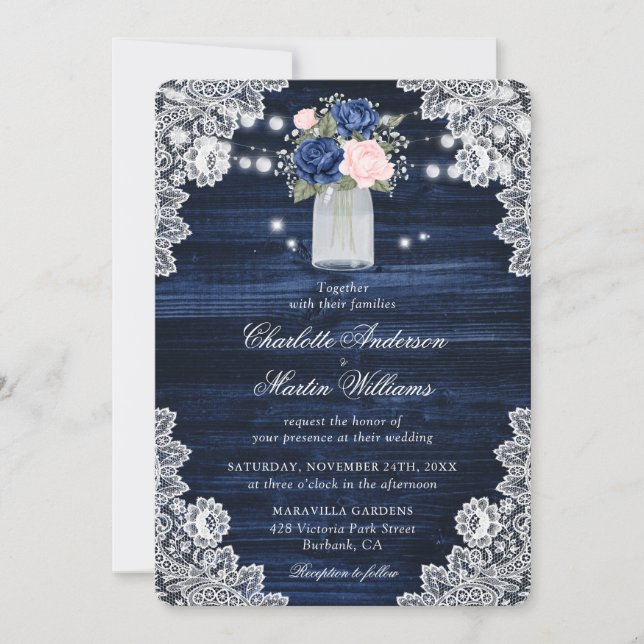 Elegant Navy Blue Blush Floral Wedding Invitation (Front)