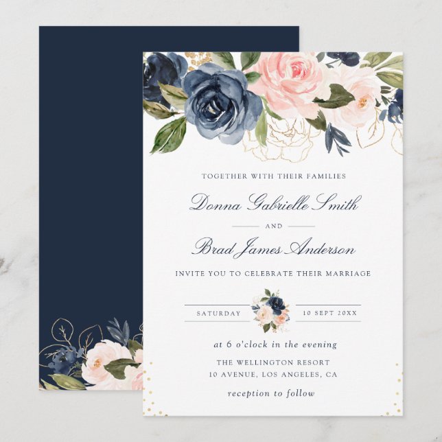 Elegant navy blue & blush floral wedding invitation (Front/Back)