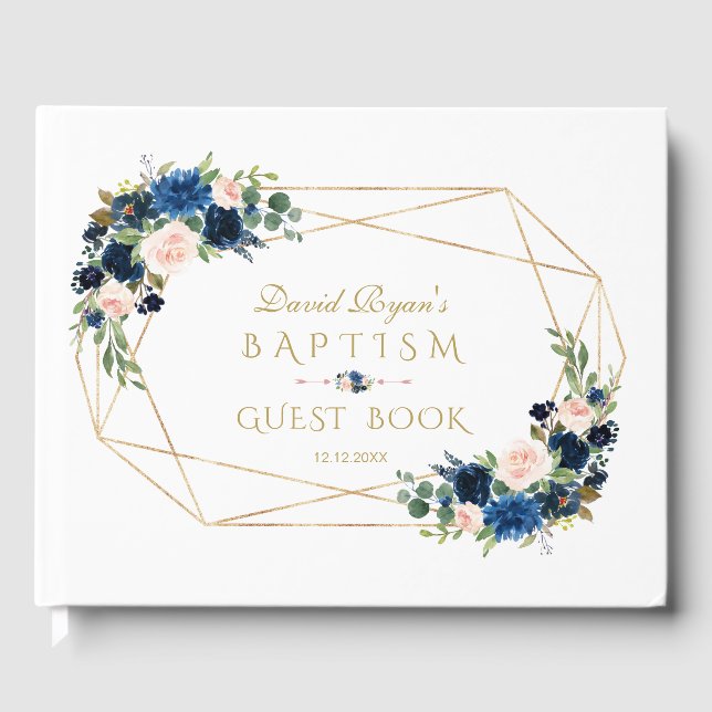 Elegant Navy Blue Blush Flowers Gold Boy Baptism Guest Book (Front)
