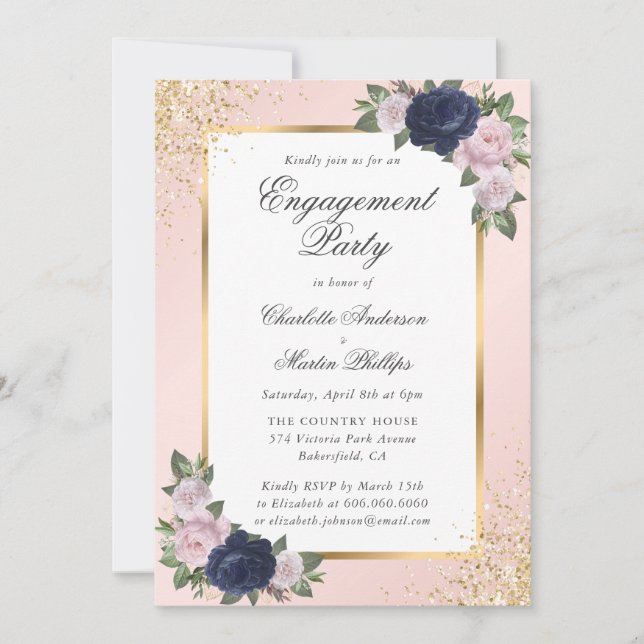 Elegant Navy Blue Blush Gold Engagement Party Invitation (Front)