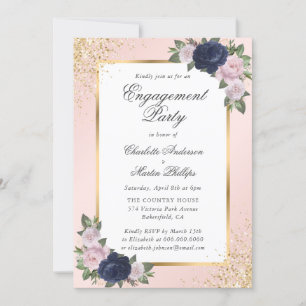 Elegant Navy Blue Blush Gold Engagement Party Invitation