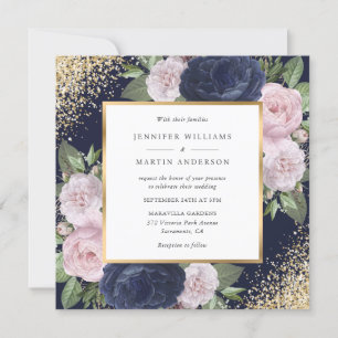 Elegant Navy Blue Blush Gold Floral Wedding Invitation