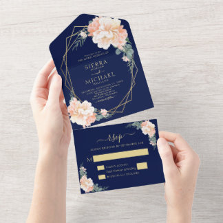 Elegant Navy Blue Blush Gold Peach Floral Wedding All In One Invitation