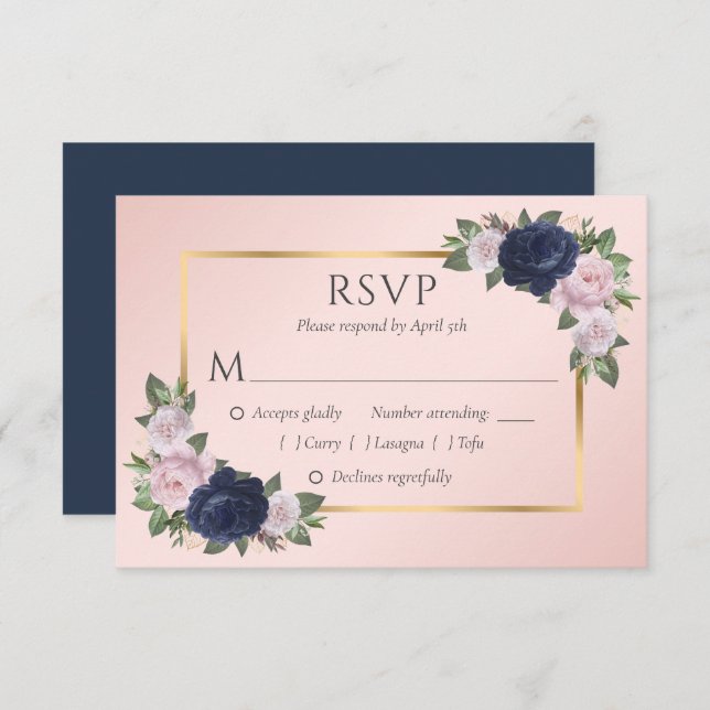 Elegant Navy Blue Blush Gold Wedding RSVP Cards (Front/Back)