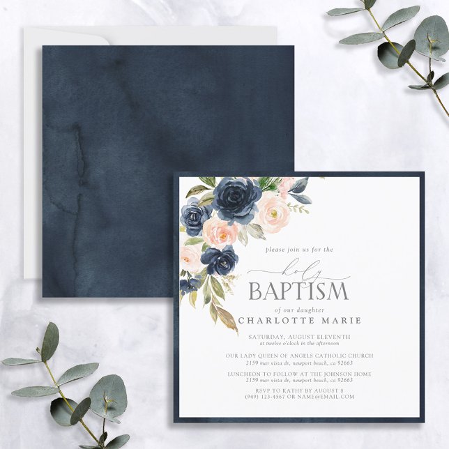 Elegant Navy Blue Blush Pink Floral Baby Baptism Invitation (Creator Uploaded)