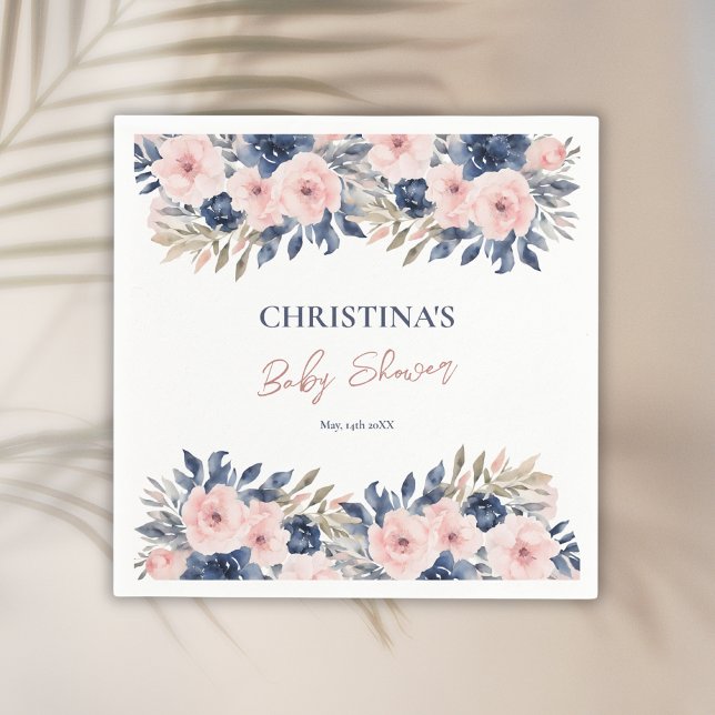 Elegant Navy Blue Blush Pink Floral Baby Shower Napkin (Creator Uploaded)