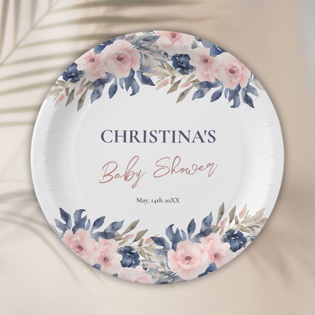 Elegant Navy Blue Blush Pink Floral Baby Shower Paper Plate (Creator Uploaded)