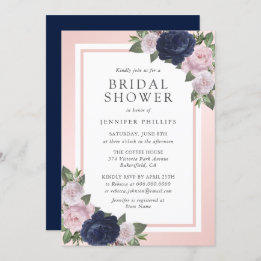 Elegant Navy Blue Blush Pink Floral Bridal Shower Invitation