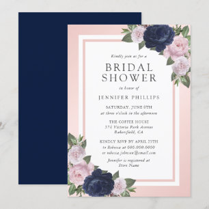 Elegant Navy Blue Blush Pink Floral Bridal Shower Invitation