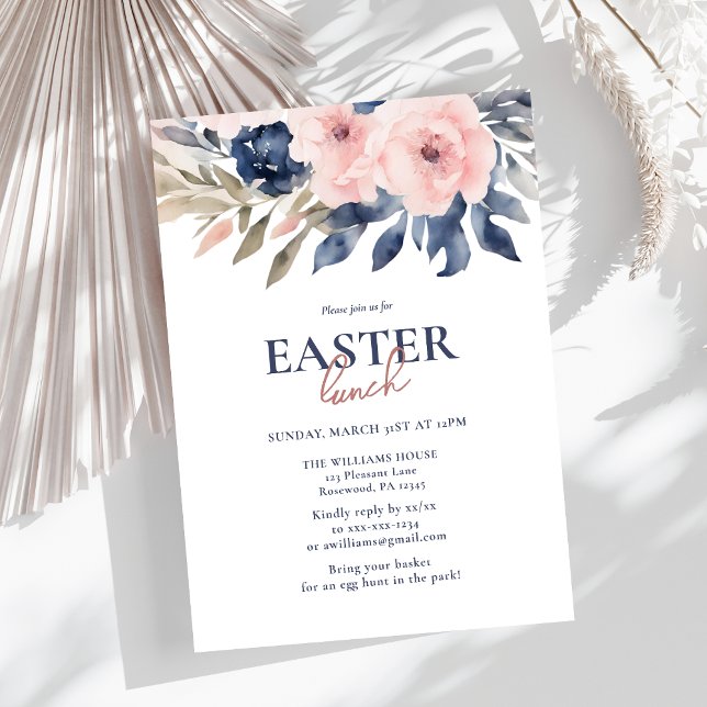 Elegant Navy Blue Blush Pink Floral Easter Lunch Invitation (Creator Uploaded)