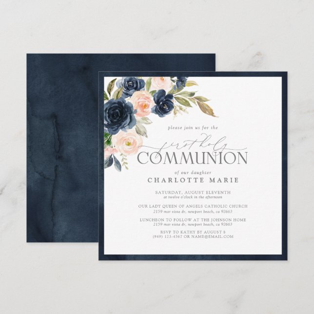 Elegant Navy Blue Blush Pink Floral Holy Communion Invitation (Front/Back)