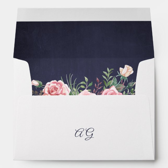 Elegant navy blue blush pink floral wedding  envelope (Back (Bottom))